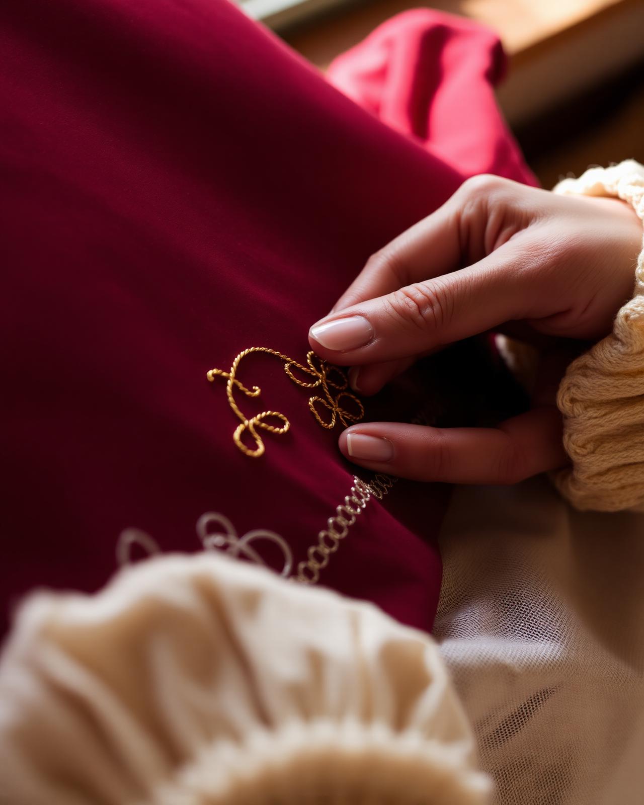 Hands embroidering gold thread on burgundy fabric
